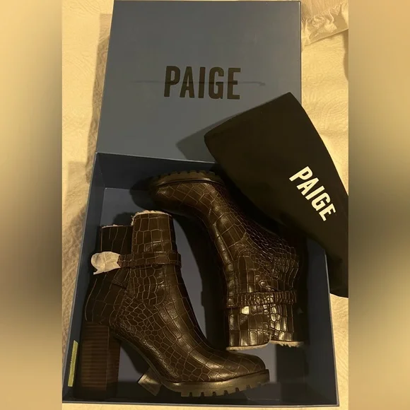 🤎NEW WITH BOX & dust bag Paige chocolate leather, croc-stamped boot 🐿️ - Picture 6 of 17